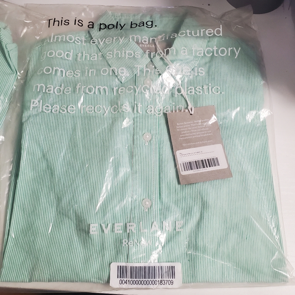 Everlane Women’s 2 The Silky Cotton Relaxed Shirt Green White Pinstriped New - Picture 3 of 3